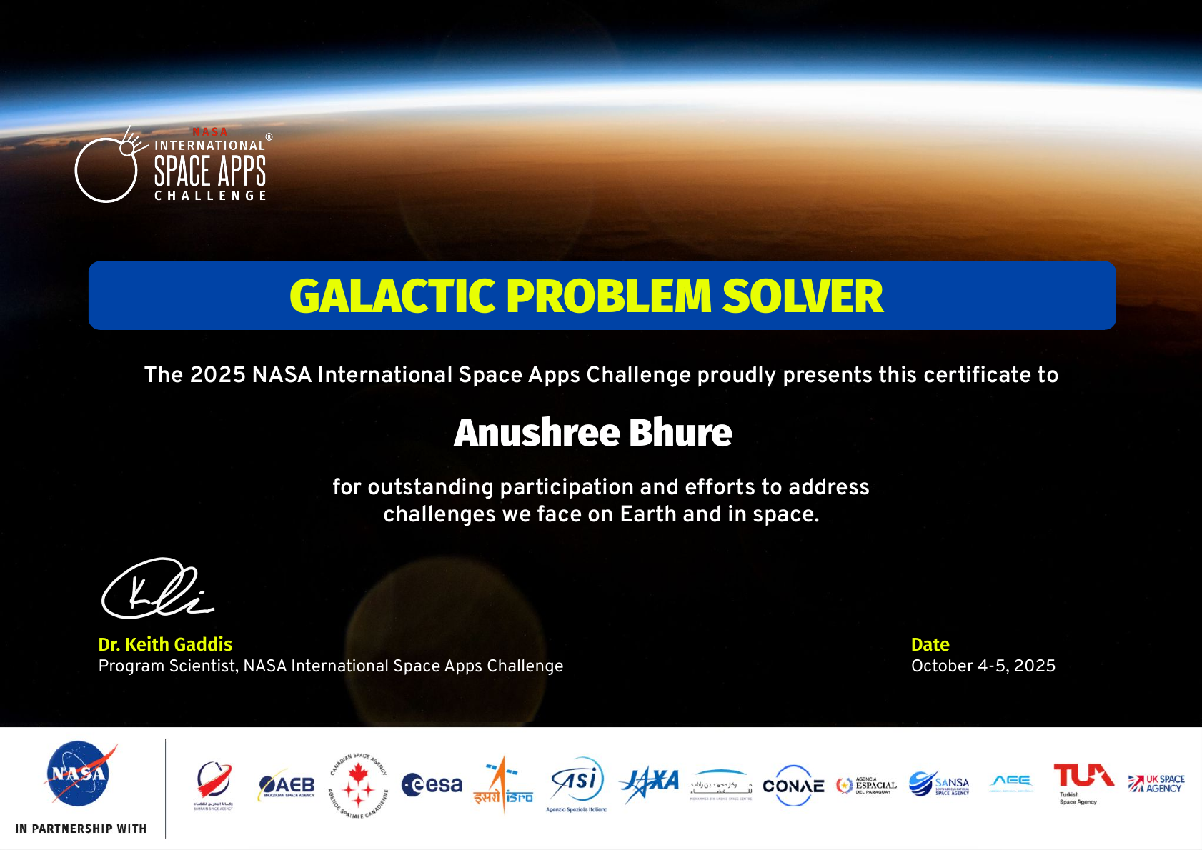NASA Space Apps 2025 Galactic Problem Solver participant certificate for Anushree Bhure